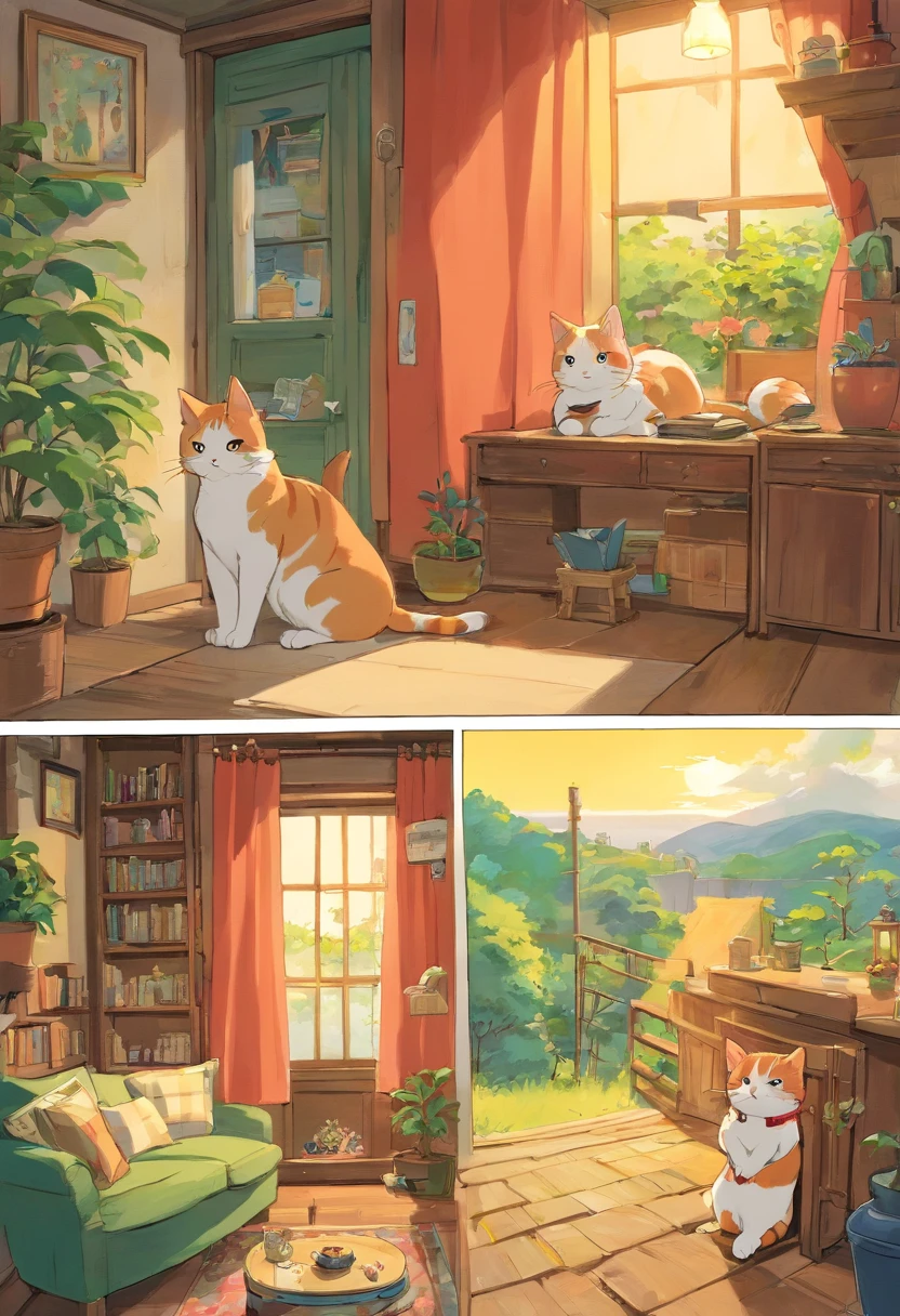 Quadrinhos americanos, The comic book is presented in several irregular panels with colors. O gato American Shorthair passa por dificuldades enquanto foge de casa e depois se reencontra com seu dono. The style is exaggerated and detailed