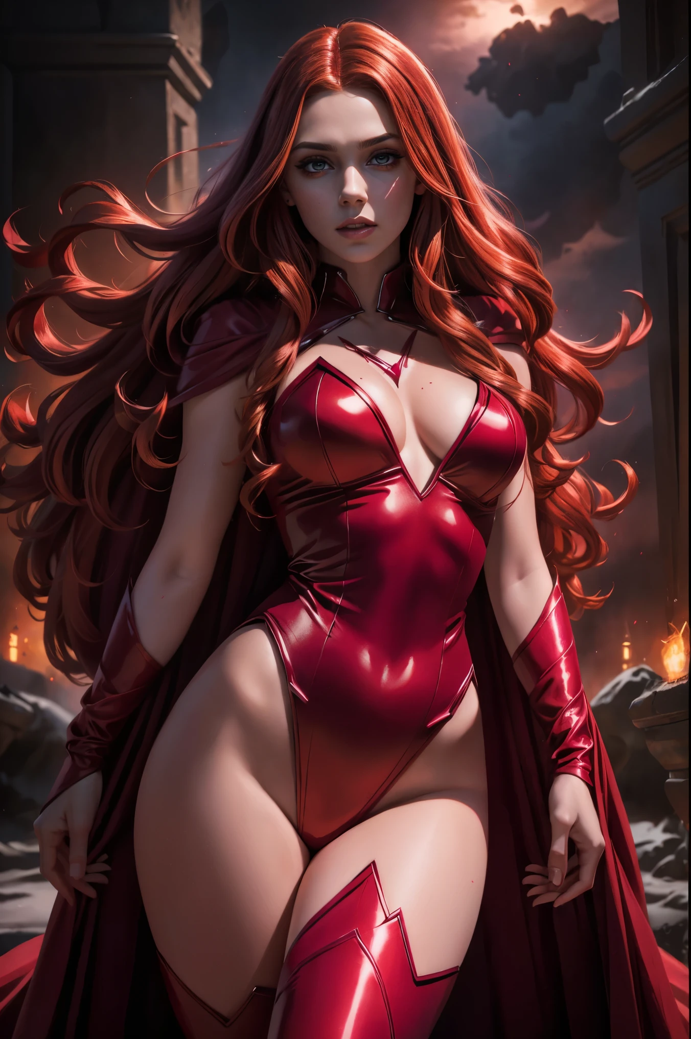 Full body image Scarlet Witch lying on her back masturbating with one hand with her legs up and burning them with the other arm showing her ass black pants stuck torn and revealing her vagina a tragic scene in the background with destroyed buildings and red explosions red magic in your hands 