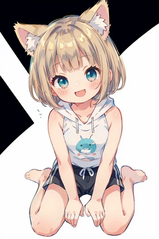 Chibi、Please straighten your bangs、smile、((masterpiece)), ((highest quality)), (anime:1.3), (RAW Photos:1.2),(High resolution:1.3), (Professional photography:1.4), ((12 years old)), 8k, Shiny skin, Cinema Lighting, One girl, Wide Shot, (Knitted fabric tank top), (Cute innocent teenage girl), Slender body, Small breasts, shiny medium hair, (Loose bangs), ((:3)), Open your mouth, Bare your fangs, look up, (いたずらなsmile), Beautiful clavicle, (slightly exposed shoulders), (Dog Ears), Hair blowing in the wind, break, ((highest quality)), (Sitting in Dubrovnik, Croatia), Summer day,Double Exposure、Blonde Hair、Short Mash Hair、Turquoise Eyes、White hoodie、Black hot pants、Black sneakers,Please straighten your bangs、She has cat ears of the same color as her hair.