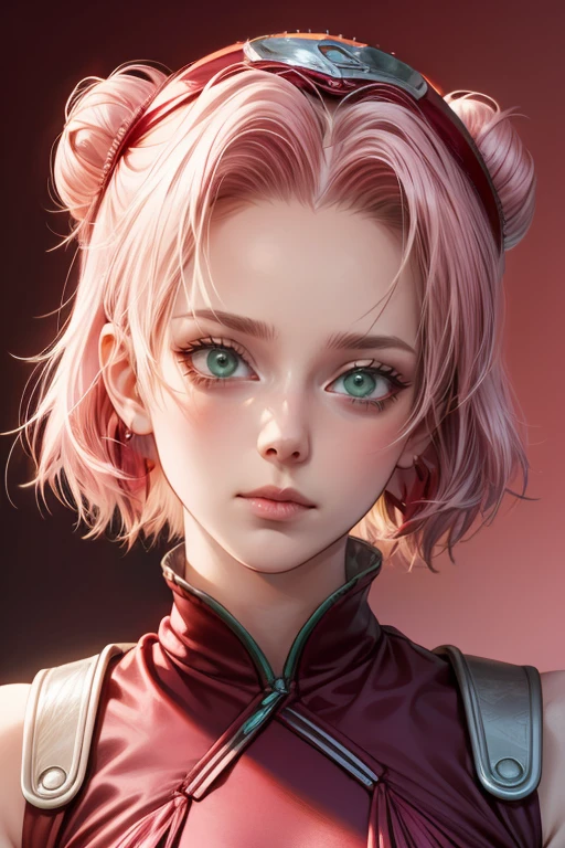 young woman, bubblegum pink hair tied in a bun, wide forehead, porcelain skin, pink eyebrows, emerald green eyes, upturned nose, thick pink lips, heart-shaped face, dark red clothes, Sakura Haruno, realism, well detailed, 3d