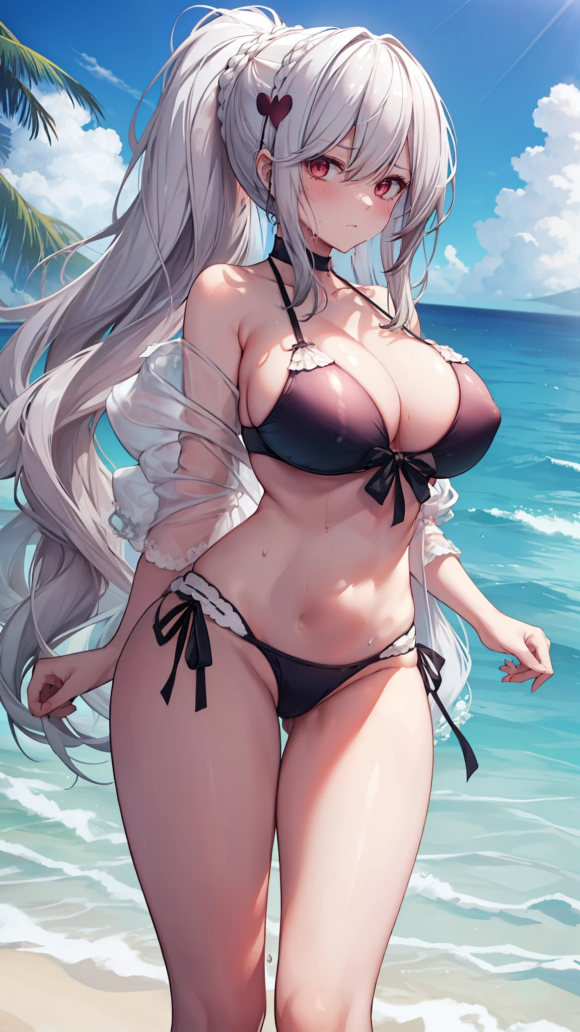 Large breasts ,wide hips,Sweat,Drooling,heart mark,,,milf,. long hair,.Silver hair,, cleavage, wide hips, heart, wide hips, ,sweat, wide hips, heart, huge breasts, , heart, huge breasts, looking at the audience,,ponytail ,,hair ornament,beach,blue sky,ocean,bikini,large cleavage,angry,navel
