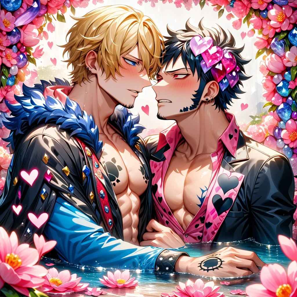 absurdres, highres, ultra detailed, HDR, master piece, best quality, Donquixote Rosinante Corazon, expressive red eyes, blonde hair, One Piece, Trafalgar Law, black hair, expressive blue eyes, two sexy men together, gay couple, yaoi, handsome, black fur cape, pink shirt with heart patterns, black coat, pink blossoms, pink flowers, water, pink butterflies
