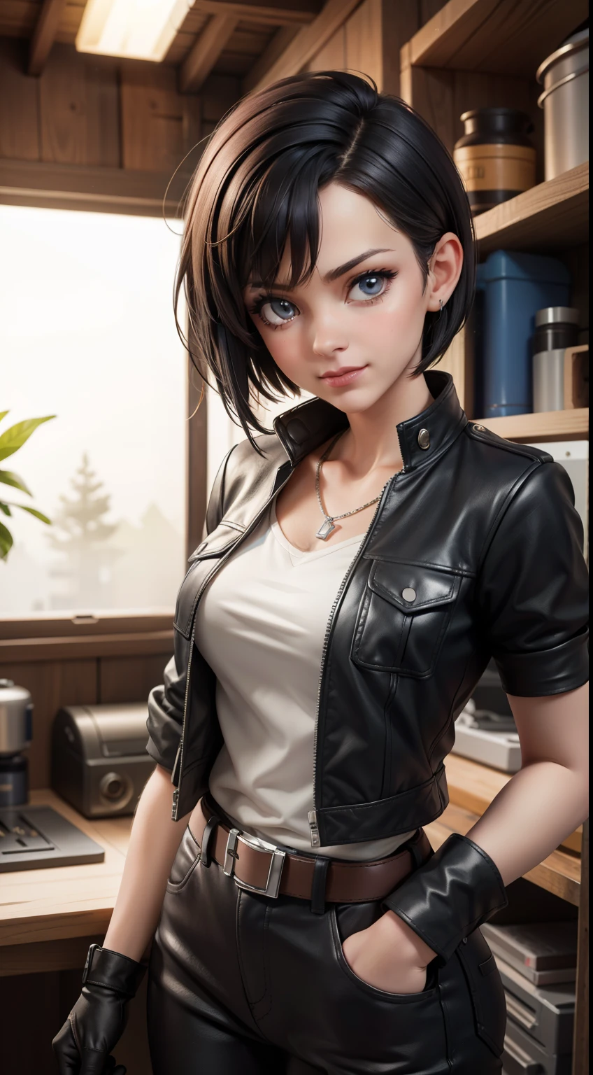 (high-quality, breathtaking),(expressive eyes, perfect face) Symmetrical Eyes, portrait, Star Wars Universe, 1girl, female, adult, mechanic, punk jacket, shirt, short sleeved, gloves, pants, belt, wrench, crystals, messy hair, black hair color, brown eye color, short hair length, stylized hairstyle, pixie haircut, tall, technician outfit, engineer, workshop background, work bench, tools, mature, narrow eyes, dog tag necklaces, slight smirk
