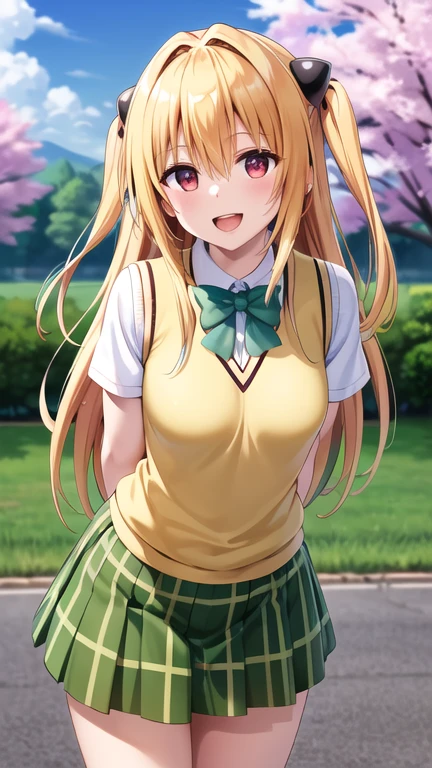 masterpiece, best quality, highres, Konjiki no Yami, very long hair, two side up, hair ornament, , green bowtie, white shirt, sweater vest, yellow vest, short sleeves, plaid skirt, green skirt, standing, cowboy shot, leaning forward, arms behind back, outdoors, cherry blossoms, smile, open mouth,