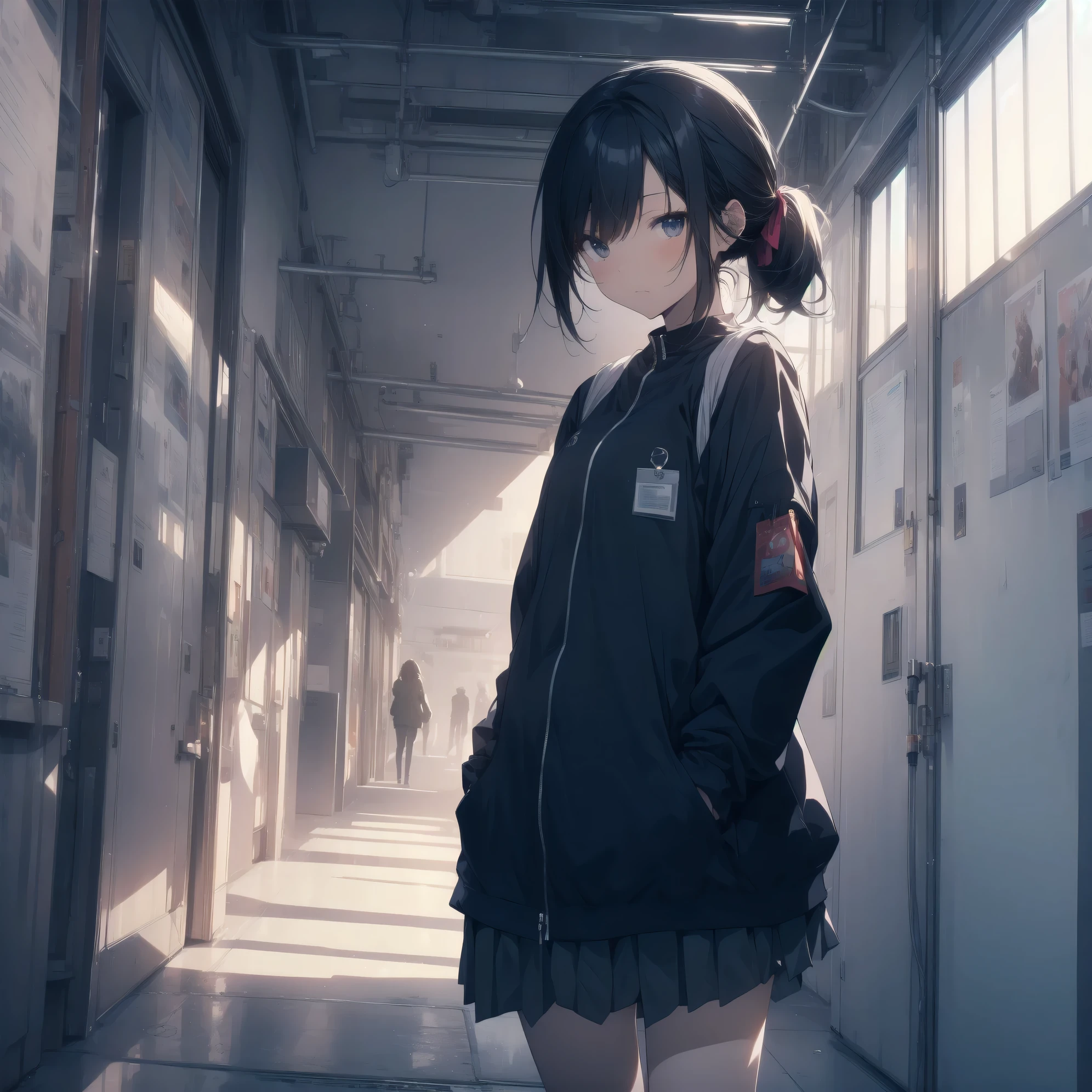 ultra-absurdres-Top quality by artist God, ultra-detailed, high resolution, anime moe artstyle, best anime 8k konachan wallpaper, pixiv contest winner, pool:2810, perfect anatomy,break, 1girl, (Please draw a girl walking sleepily to school alone. )break,(Solo,little female,13-year-old:1.3),Full limbs, complete fingers, a junior high school student, androgynous charm, (very short hair, low ponytail),  flat chest,slender body, Small butt, groin,  small black eyes, beautiful detailed eyes, well-proportioned iris and pupils, expressive eyes, highres detailed hair, soft expression, school_uniform, pleated skirt,(Detailed Lighting), (Detailed background), in the School commute route. break,super detailed skin, Best cinematic lighting powered by famous artist, 8k,beauty illustration,photoshop_(medium),very aesthetic,break,((artist:koyama_shigeru )), artist:shinkai_makoto , artist:kantoku , artist:minaba_hideo ,
