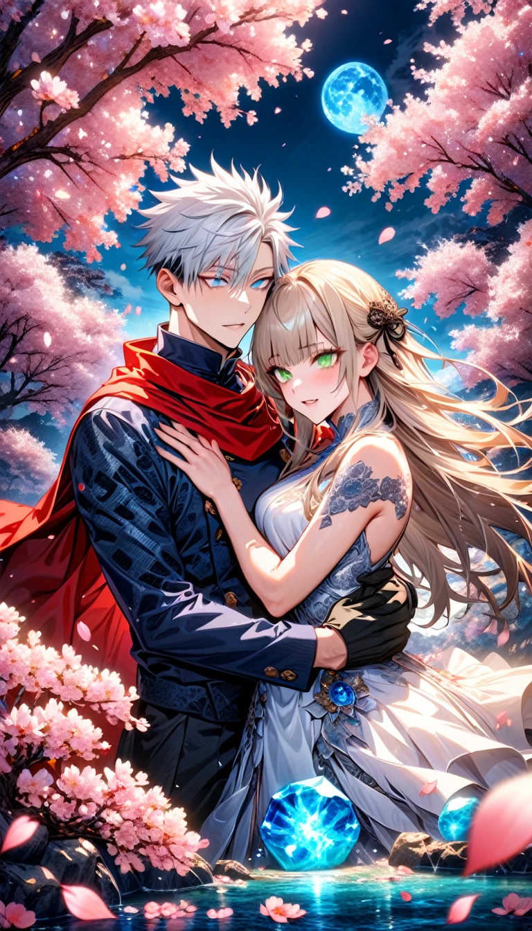 Ultra detailed, highres, absurdres, HDR, master piece, Gojo Satoru, white hair with bangs, hair between the eyes, white eyelashes, expressive blue eyes, Aida, ash blond hair with bangs, green eyes, white fantasy dress with black patterns, red cape, Jujutsu Kaisen, fantasy, petals, cherry blossoms, water, black ribbon on her hair, black gloves, a handsome man together with a beautiful woman, sexy, couple, love, magic,