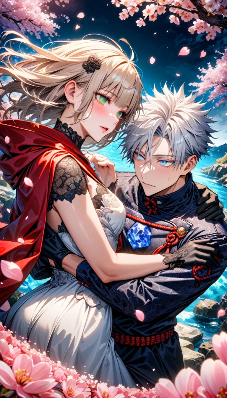 Ultra detailed, highres, absurdres, HDR, master piece, Gojo Satoru, white hair with bangs, hair between the eyes, white eyelashes, expressive blue eyes, Aida, ash blond hair with bangs, green eyes, white fantasy dress with black patterns, red cape, Jujutsu Kaisen, fantasy, petals, cherry blossoms, water, black ribbon on her hair, black gloves, a handsome man together with a beautiful woman, sexy, couple, love, magic,