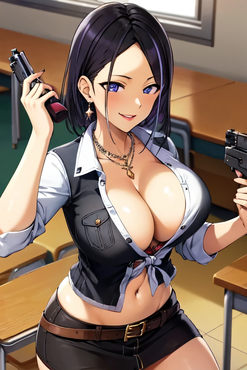 minamikurose, blue eyes, jewelry, purple hair, earrings, blush, lipstick, masterpiece, best quality, ((unbuttoned , cleavage, necklace, earrings, sexy body,
breasts)) , micro skirt, smiling, navel , exposed belly, exposed navel,,school,knot,
classroom , holding a gun, hold a gun,