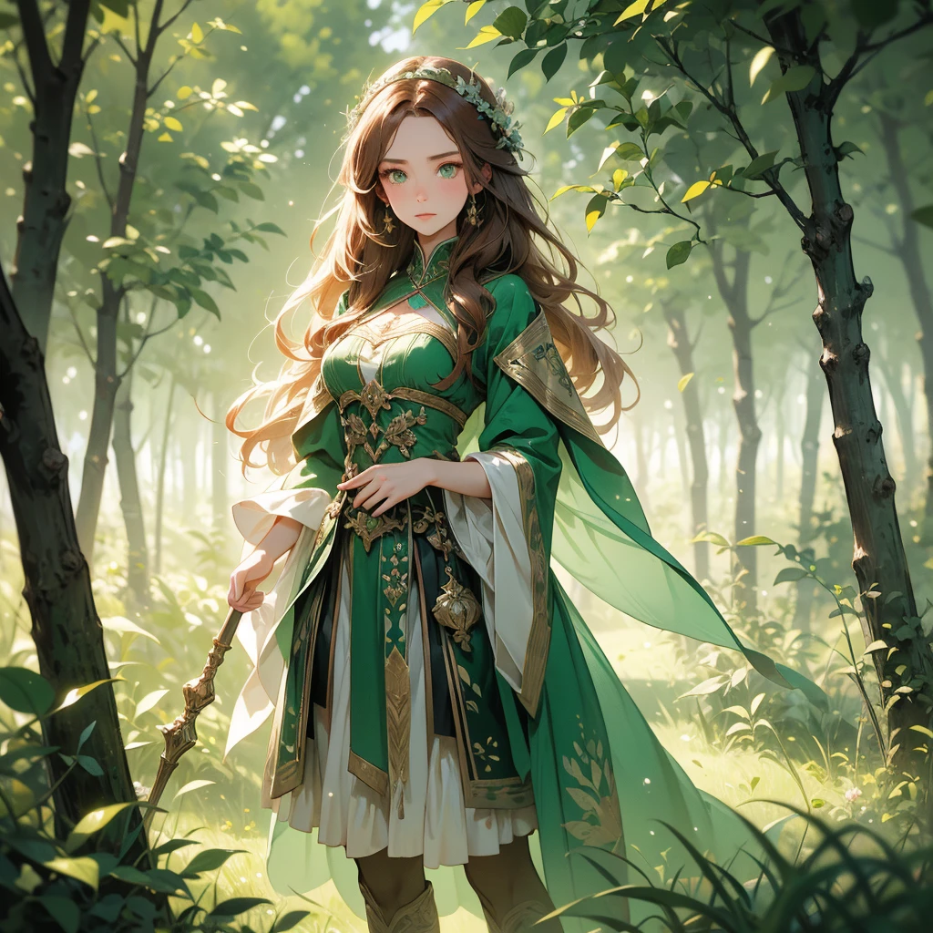 A stunning artwork of a harmonious female druid standing in an enchanted forest. The full-body view showcases her in natural green and brown attire, exuding an aura of tranquility and nature's strength. Her long, flowing auburn hair frames a face of gentle beauty, highlighted by warm green eyes that sparkle with earthy wisdom and serene kindness. She holds an enchanted staff, intricately designed and glowing with natural energy, adding to her peaceful presence.
The scenery around her is a lush, vibrant forest with towering trees and glowing flora. Gentle light filtering through the leaves and forest creatures enhance the magical atmosphere, creating a scene of natural wonder.