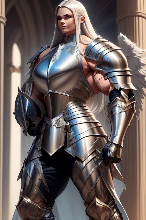 ((((Massive, tall, beautiful, buff, muscular light brown skinned female knight with white hair, black lipstick, huge angle wings, ginormous bulky muscles, holding a sword and shield and wearing an all white gleaming knight armor with hauberk and pants)))), {close view}, black eyeliner, massive muscles, massive biceps, hyper muscle triceps, (long straight hair), blue eyes, giant angel wings, knight boots, In a castle, hauberk pants, steel knight armor, armor breastplate, nighttime, confident smile, hyper muscles arms, hyper muscle legs, ginormous arms