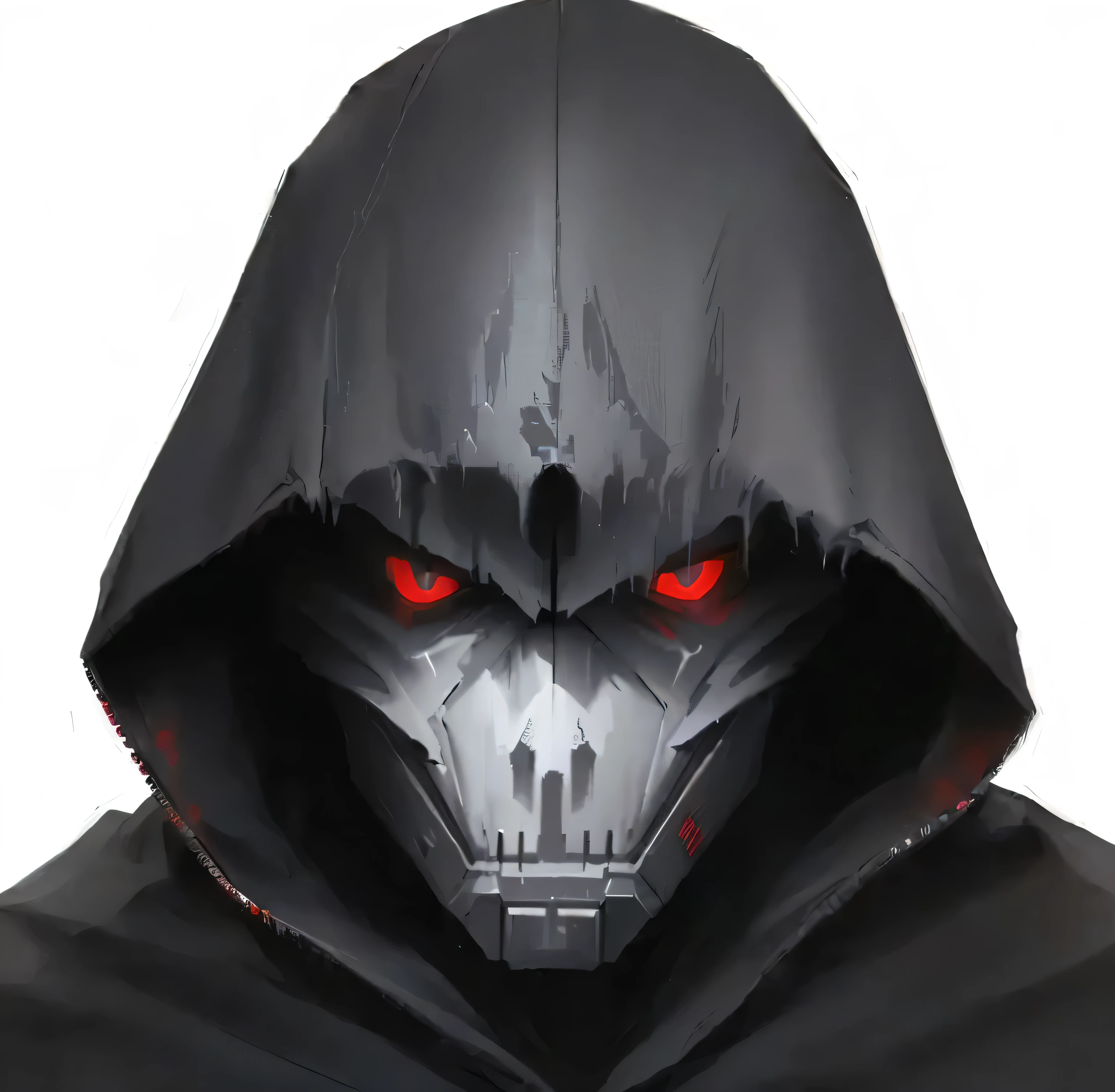 a black hoodedie with a red eyes and a hoodie on, hooded cloaked sith lord, reaper from overwatch, the reaper as a scary, omen from valorant, dark hooded wraith, sith lord, gray anthropomorphic, darksynth character portrait, face of an armored villian, menacing look, wearing sith hood, sith create similar