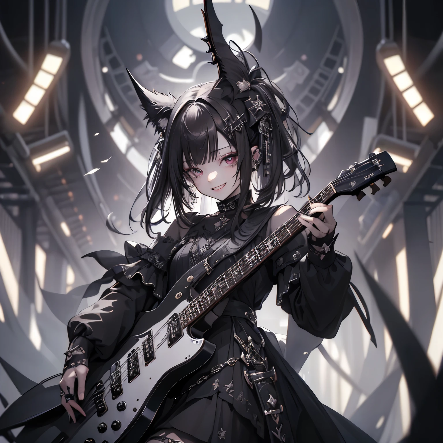 (masterpiece), highest quality, Ultra-high resolution,Gothic、Silver Hair、Black Hair、Dark brown mesh、Big smile、Bat、(Playing a dark brown guitar:1.3)、smile、cool、band、live、Visual Kei、Sick Makeup