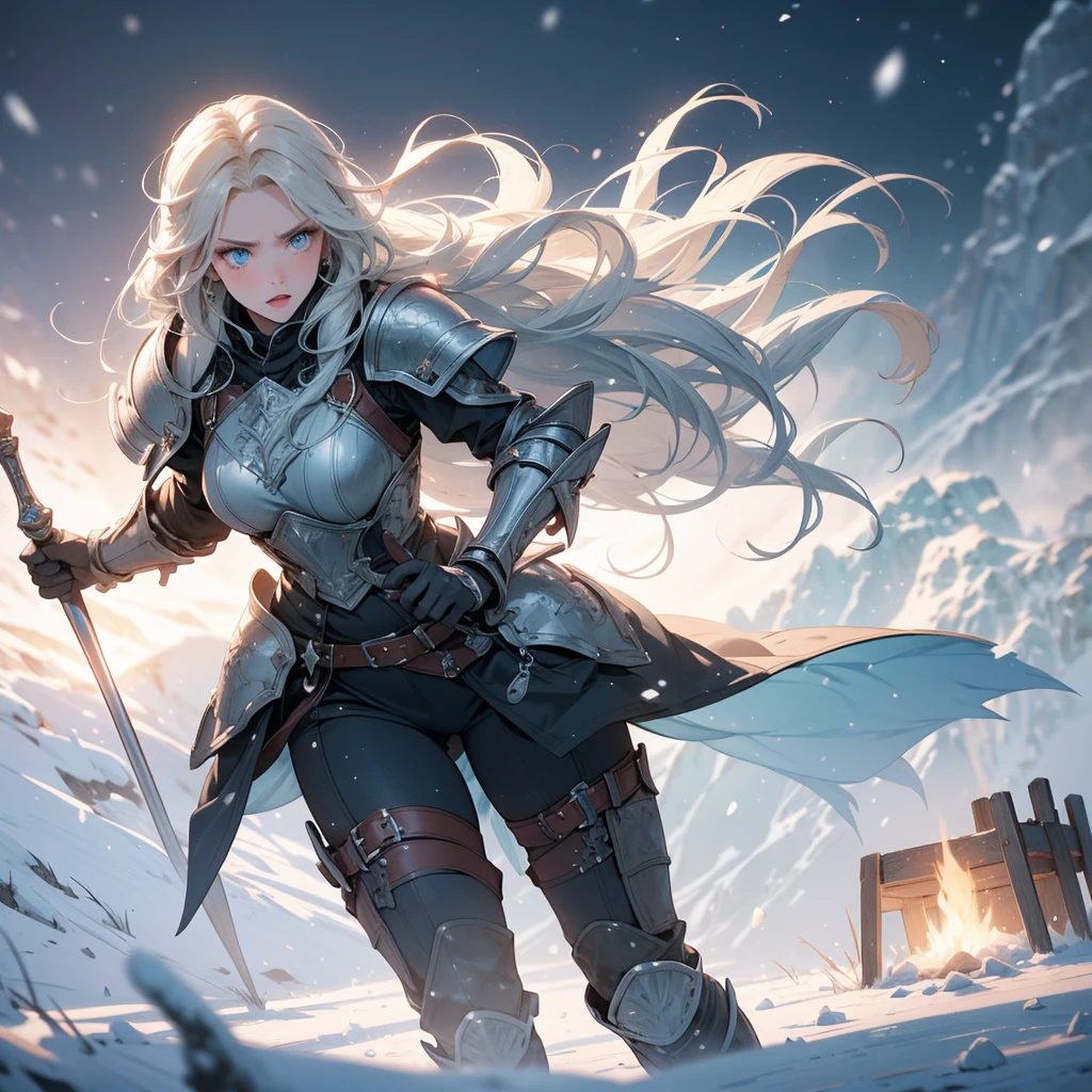 A stunning artwork of a fierce female Viking warrior standing in a snowy battlefield. The full-body view showcases her in rugged fur-lined armor, exuding an aura of indomitable strength and fierce determination. Her long, braided blonde hair frames a face of rugged beauty, highlighted by icy blue eyes that blaze with warrior's spirit and unyielding resolve. She holds a battle axe, intricately designed and gleaming with raw power, adding to her formidable presence.
The scenery around her is a harsh, snow-covered battlefield with icy winds and towering mountains in the distance. Falling snow and the distant glow of campfires enhance the cold, battle-ready atmosphere, creating a scene of epic struggle.