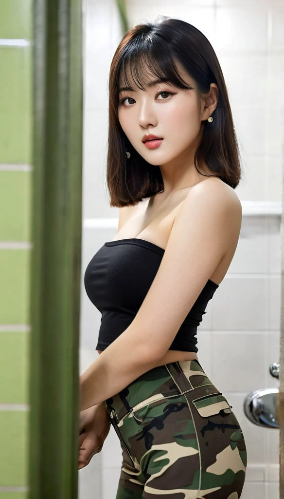 close-up of beautiful South Korean female, black hair, shoulder-length cut, straight hair, flat bangs hair, 38 inches breasts size, wearing tight camouflage strapless tube top, tight camouflage short legging pants, at the military dormitory bathroom place, UHD