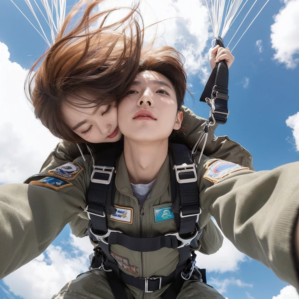 Photo taken from under, Masterpiece, ultra realistic, a pair of Korean couple, plunge down from the sky, head position below, focus photos to the face, hug each other, wear complete accessories parachute, wind gust, backgound blue sky cloud white, sunny weather, detail