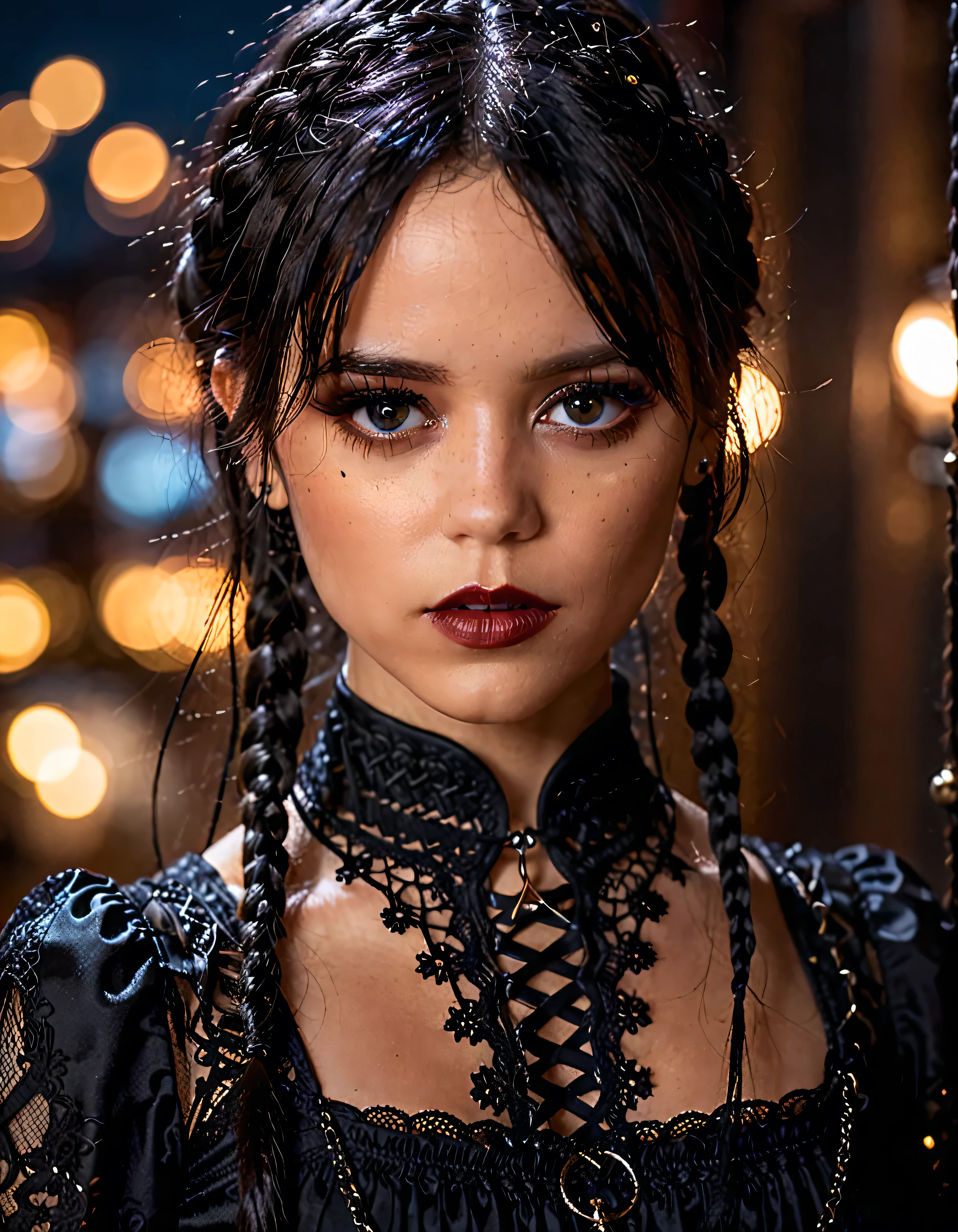 cinematic photo professional close-up portrait photography of the face of a beautiful ((ohwx woman)), braided black hair, gothic makeup ang clothes, at lawyer during Midnight, Nikon Z9 . 35mm photograph, film, bokeh, professional, 4k, highly detailed