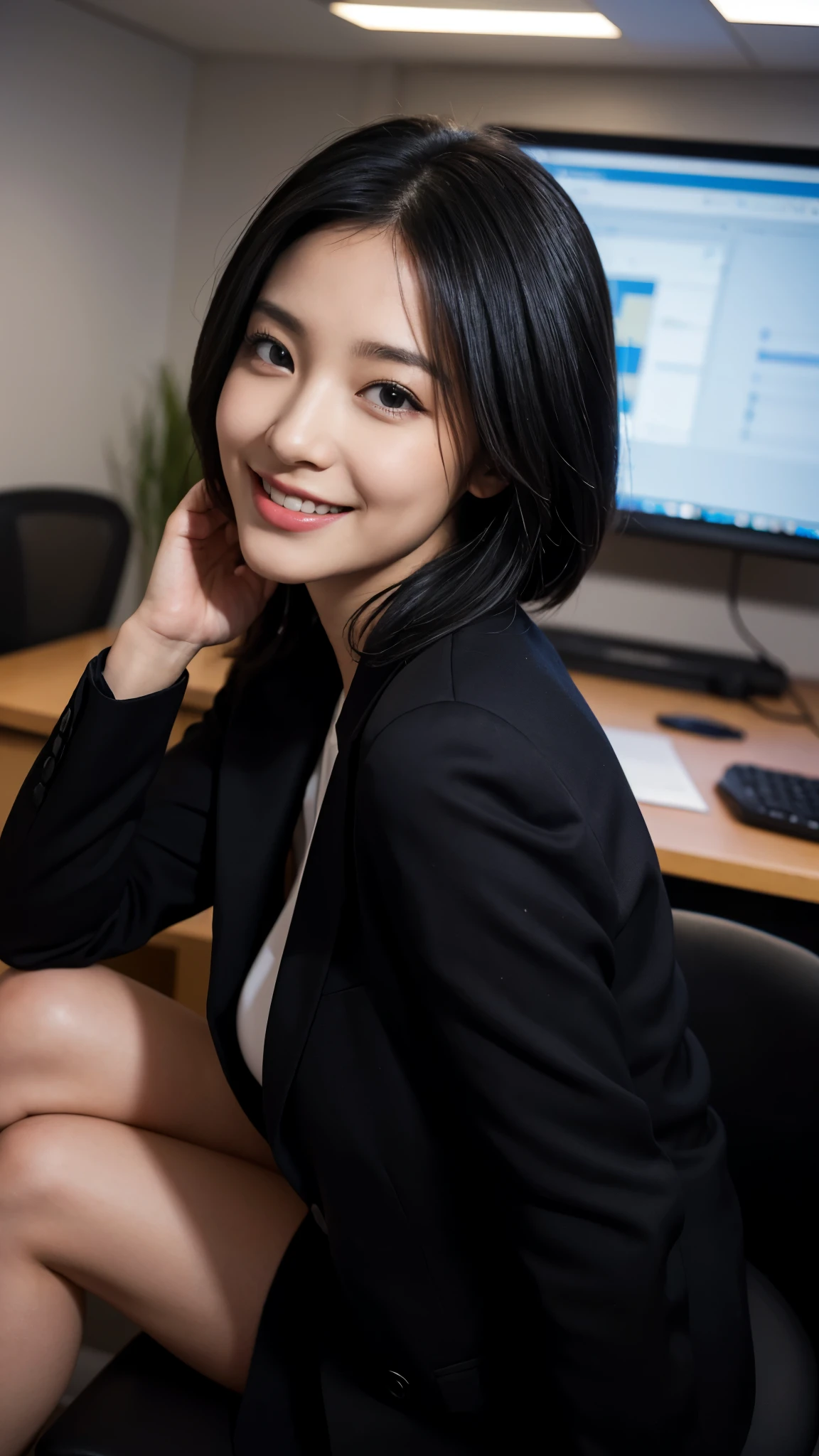(dramatic angle)（Ultra high definition）（masterpiece）（Textured skin）（Very detailed）（high quality）（最high quality）（First Person View）(16k )Office Lady,1 person,Beauty Women,,Black Hair,smile,Looking back