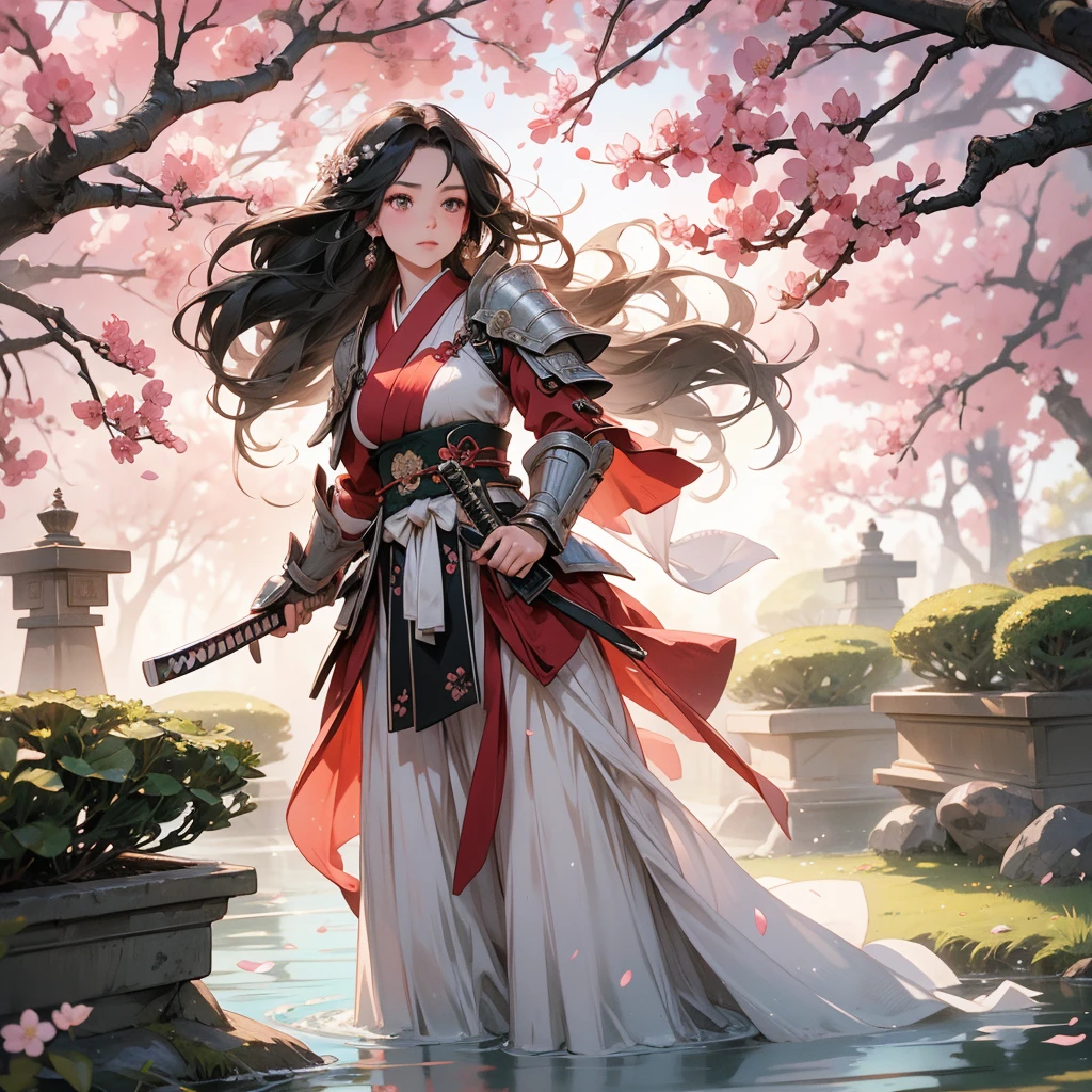 A stunning artwork of an honorable female samurai standing in a serene Japanese garden. The full-body view showcases her in traditional red and black armor, exuding an aura of disciplined strength and noble honor. Her long, flowing black hair frames a face of refined beauty, highlighted by calm brown eyes that radiate wisdom and inner peace. She holds a katana, intricately designed and glowing with precise energy, adding to her dignified presence.
The scenery around her is a tranquil Japanese garden with cherry blossom trees and a gently flowing stream. Soft sunlight filtering through the blossoms and stone lanterns enhance the peaceful atmosphere, creating a scene of serene grace.