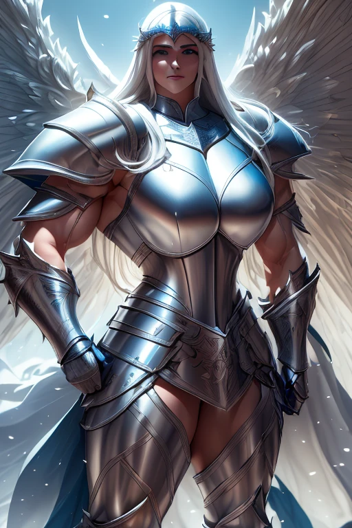 ((((Massive, tall, beautiful, buff, muscular light brown skinned female knight with white hair, black lipstick, huge angle wings, ginormous bulky muscles, holding a sword and shield and wearing an all white gleaming knight armor with hauberk and pants)))), {close view}, black eyeliner, massive muscles, massive biceps, hyper muscle triceps, (long straight hair), blue eyes, giant angel wings, knight boots, In a castle, hauberk pants, steel knight armor, armor breastplate, nighttime, confident smile, hyper muscles arms, hyper muscle legs, ginormous arms