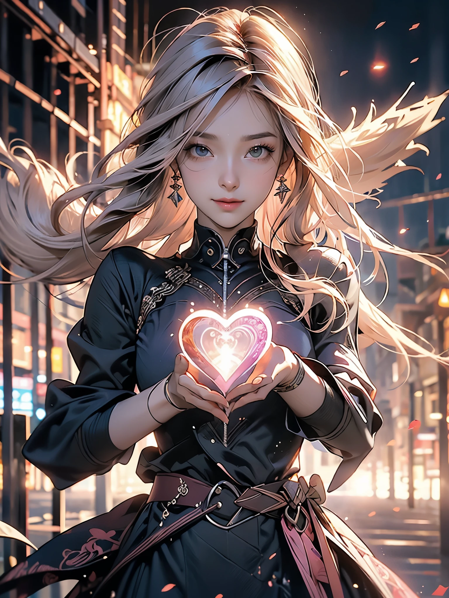 1 garota,tiro de vaqueiro, linda nora_Valkyrie, olhando para o espectador, sorriso, cabelo curto, olhos azuis,Heart cutout, luvas, jaqueta, saia rosa, cinto rosa, Manga curta, mangas bufantes, single clamp, fingerless luvas, cabelo laranja, pink luvas, dynamic pose, noite, ao ar livre, cidade, (volumetric lighting), melhor qualidade, Obra de arte, detalhes intrincados, mapeamento de tom, sharp focus, hiper detalhado, trends on Artstation,