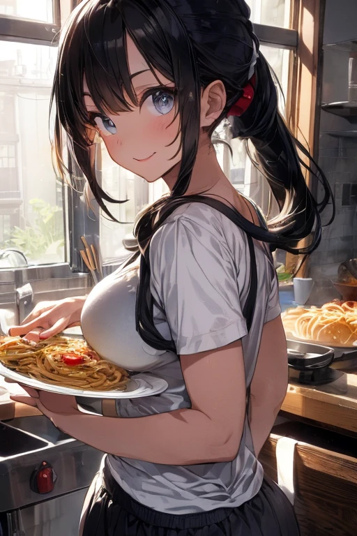 (dynamic angle:1.3, front view:1.1, breast focus:1.3, from below:1.1), (dynamic posing:1.2, sexy posing:1.2), (seductive smiling:1.3), ((holding Pasta on a plate,Taking the pasta out of the pan, worried about the outcome:1.2)),highest quality、(real、photorealistic:1.4),(ultra high resolution, 8K RAW photo, clear focus), best qualtiy, natural lighting, field depth, (Bright pupils, detailed beautiful eyes, high detailed face), Red lip, (tight focus:1.2), a girl 22yo old, Wearing a pastry chef uniform:1.3 , Thicc, thin breast, long hair, blue eyes,garter stocking, cleavage:1.2, midriff, black shorts, black thighhighs, thigh strap, pretty girl, (highly detailed beautiful face and eyes,firm breasts),real skin,((black,hair,long pony tail hair)),thin pubic hair,cute,lovely, detailed eyes,(double breasted:1.0,under bust:1.0),(with sparkling eyes and a contagious smile),open mouth, Looking at Viewer,A scene of make a cooking Pasta in the kitchen