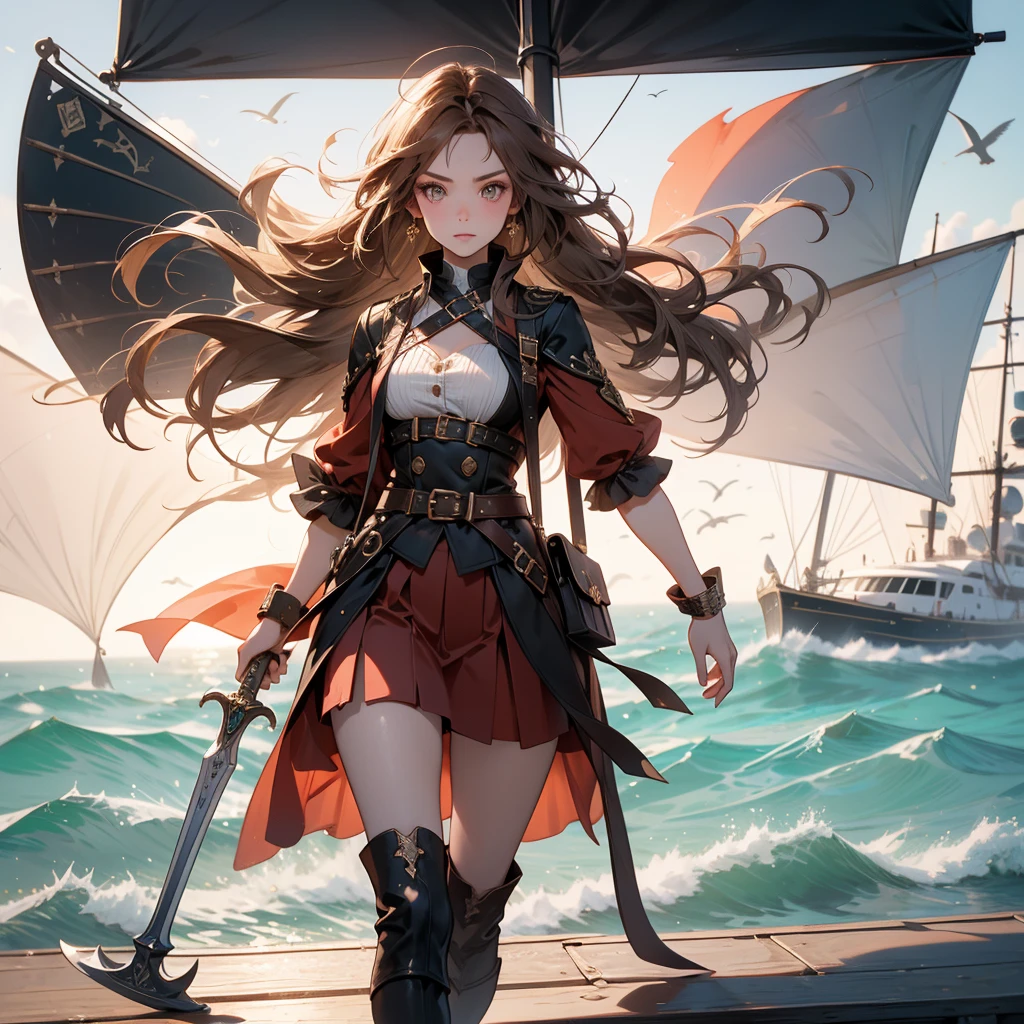 A stunning artwork of a daring female pirate standing on a pirate ship deck. The full-body view showcases her in adventurous brown and red attire, exuding an aura of fearless bravery and swashbuckling charm. Her long, flowing auburn hair frames a face of spirited beauty, highlighted by keen brown eyes that gleam with adventurous mischief and bold determination. She holds a cutlass, intricately designed and gleaming with a sharp edge, adding to her intrepid presence.
The scenery around her is a sunlit ship deck with billowing sails and the vast ocean stretching into the horizon. The soft glow of the setting sun and seagulls flying overhead enhance the adventurous atmosphere, creating a scene of nautical excitement.