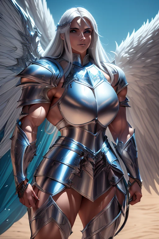 ((((Massive, tall, beautiful, buff, muscular light brown skinned female knight with white hair, black lipstick, huge angle wings, ginormous bulky muscles, holding a sword and shield and wearing an all white gleaming knight armor with hauberk and pants)))), {close view}, black eyeliner, massive muscles, massive biceps, hyper muscle triceps, (long straight hair), blue eyes, giant angel wings, knight boots, In a castle, hauberk pants, steel knight armor, armor breastplate, nighttime, confident smile, hyper muscles arms, hyper muscle legs, ginormous arms