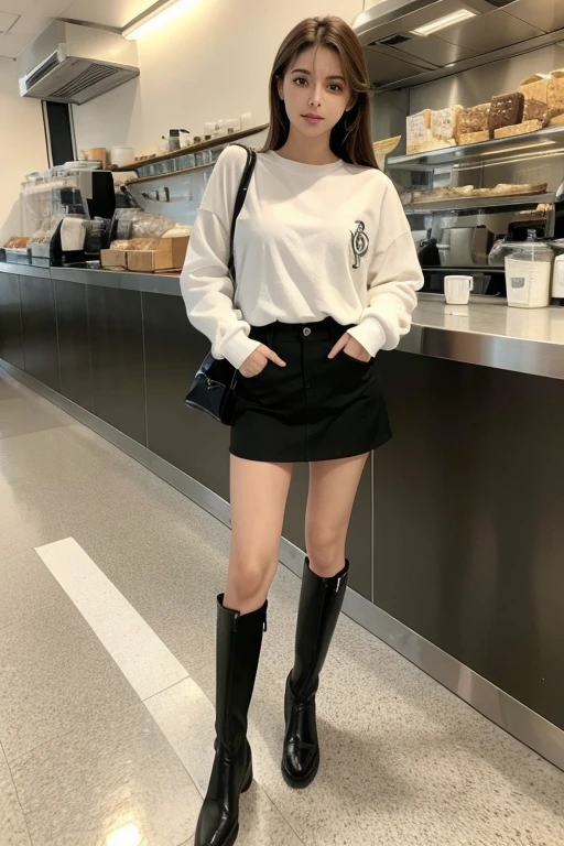 1 chica, ojos brillantes, Rubor, perfect lighting, Brown hair, ojos color nuez, motor irreal, side lighting, cara detallada, linda, Piel brillante, background of standing outside a coffee shop, fondo cafeteria ,una falda plisada color blanco, un top color blanco y una chaqueta de cuero color negro y unas botas largas color negro, la cafeteria se llama Goffee haven, chica alta y hermosa de enfrente 