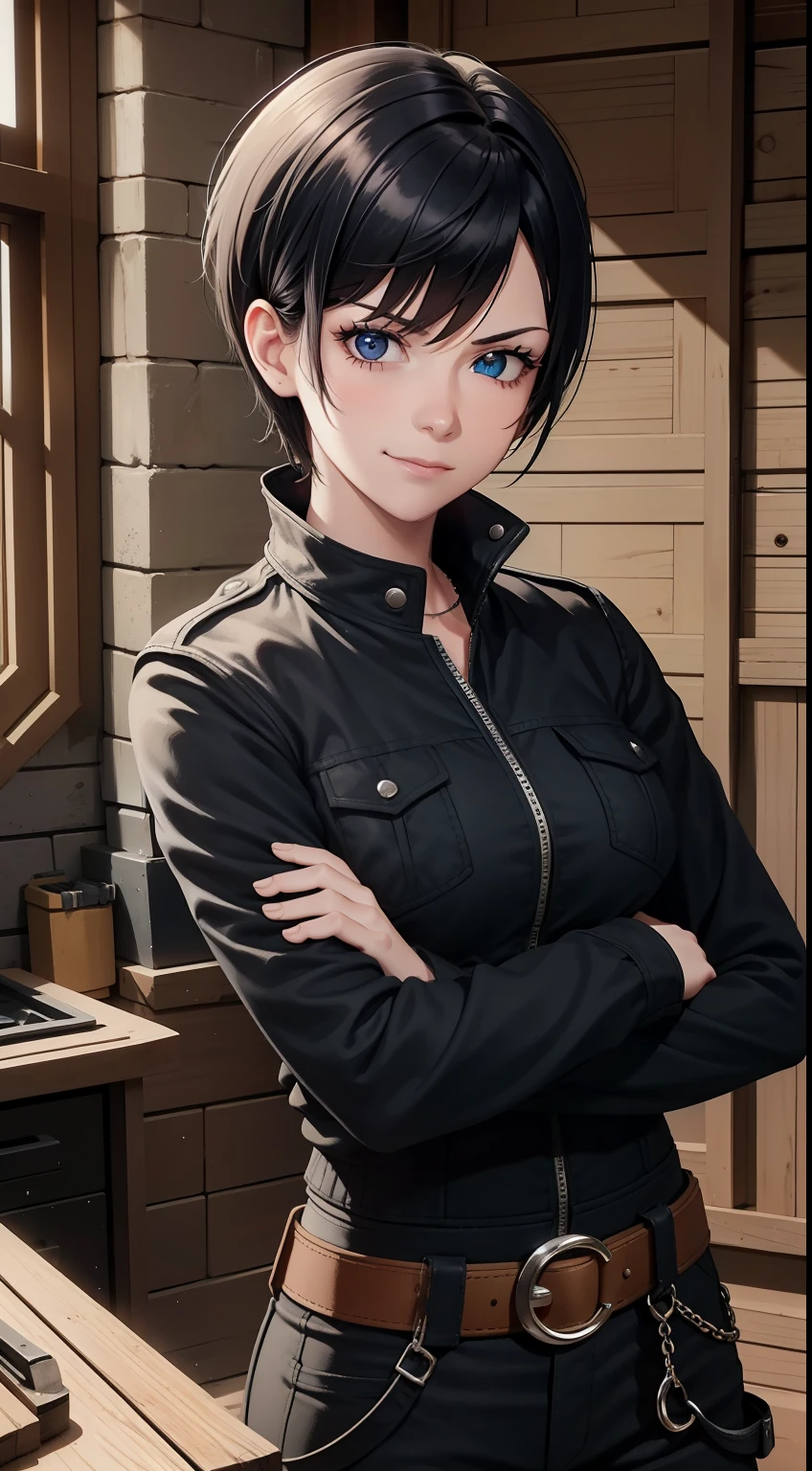 (high-quality, breathtaking),(expressive eyes, perfect face) Symmetrical Eyes, portrait, Star Wars Universe, 1girl, female, adult, mechanic, punk jacket, shirt, short sleeved, gloves, pants, belt, wrench, crystals, messy hair, black hair color, brown eye color, short hair length, stylized hairstyle, pixie haircut, tall, technician outfit, engineer, workshop background, work bench, tools, mature, narrow eyes, dog tag necklaces, slight smirk
