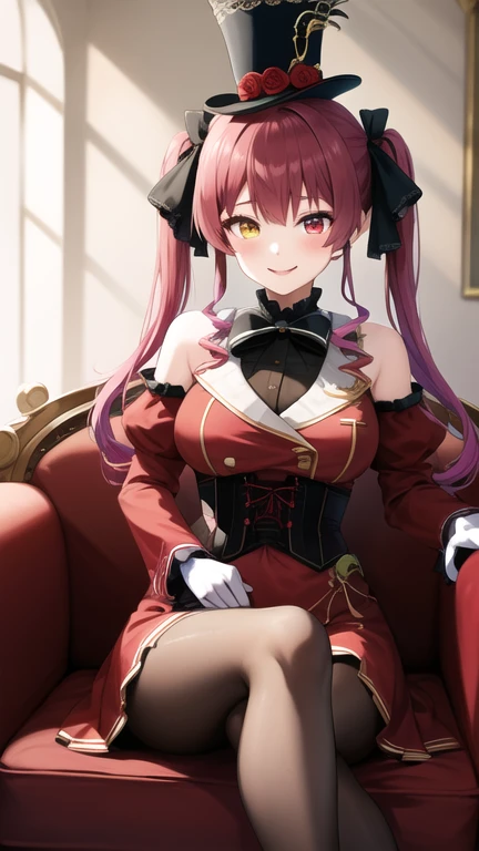 masterpiece, best quality, highres, ddmarine, twintails, drill hair, top hat, hat flower, heterochromia, black bowtie, underbust, bare shoulders, frills, black ribbon, red dress, detached sleeves, red sleeves, long sleeves, corset, black gloves, pantyhose, sitting, sofa, indoors, chandelier, crossed legs, smile,