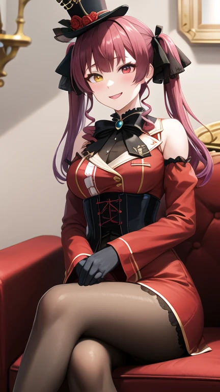 masterpiece, best quality, highres, ddmarine, twintails, drill hair, top hat, hat flower, heterochromia, black bowtie, underbust, bare shoulders, frills, black ribbon, red dress, detached sleeves, red sleeves, long sleeves, corset, black gloves, pantyhose, sitting, sofa, indoors, chandelier, crossed legs, smile,