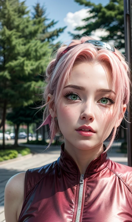 young woman, bubblegum pink hair tied in a bun, wide forehead, porcelain skin, pink eyebrows, emerald green eyes, upturned nose, thick pink lips, heart-shaped face, dark red clothes, Sakura Haruno, realism, well detailed, 3d
