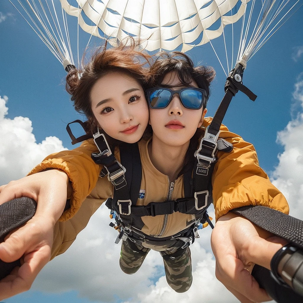 Photo taken from under, Masterpiece, ultra realistic, a pair of Korean couple, plunge down from the sky, head position below, focus photos to the face, hug each other, wear complete accessories parachute, wind gust, backgound blue sky cloud white, sunny weather, detail
