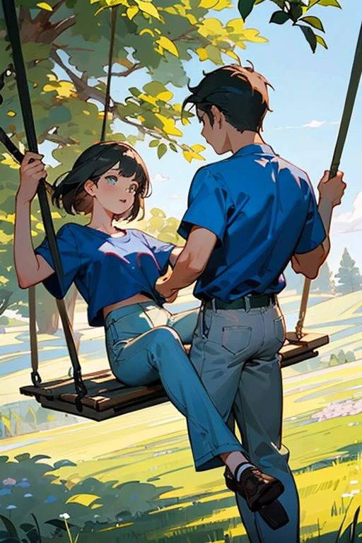 Photograph of a woman and a man on a tree swing, The man wears a blue shirt and gray pants and the woman wears a blue top and gray pants in a meadow