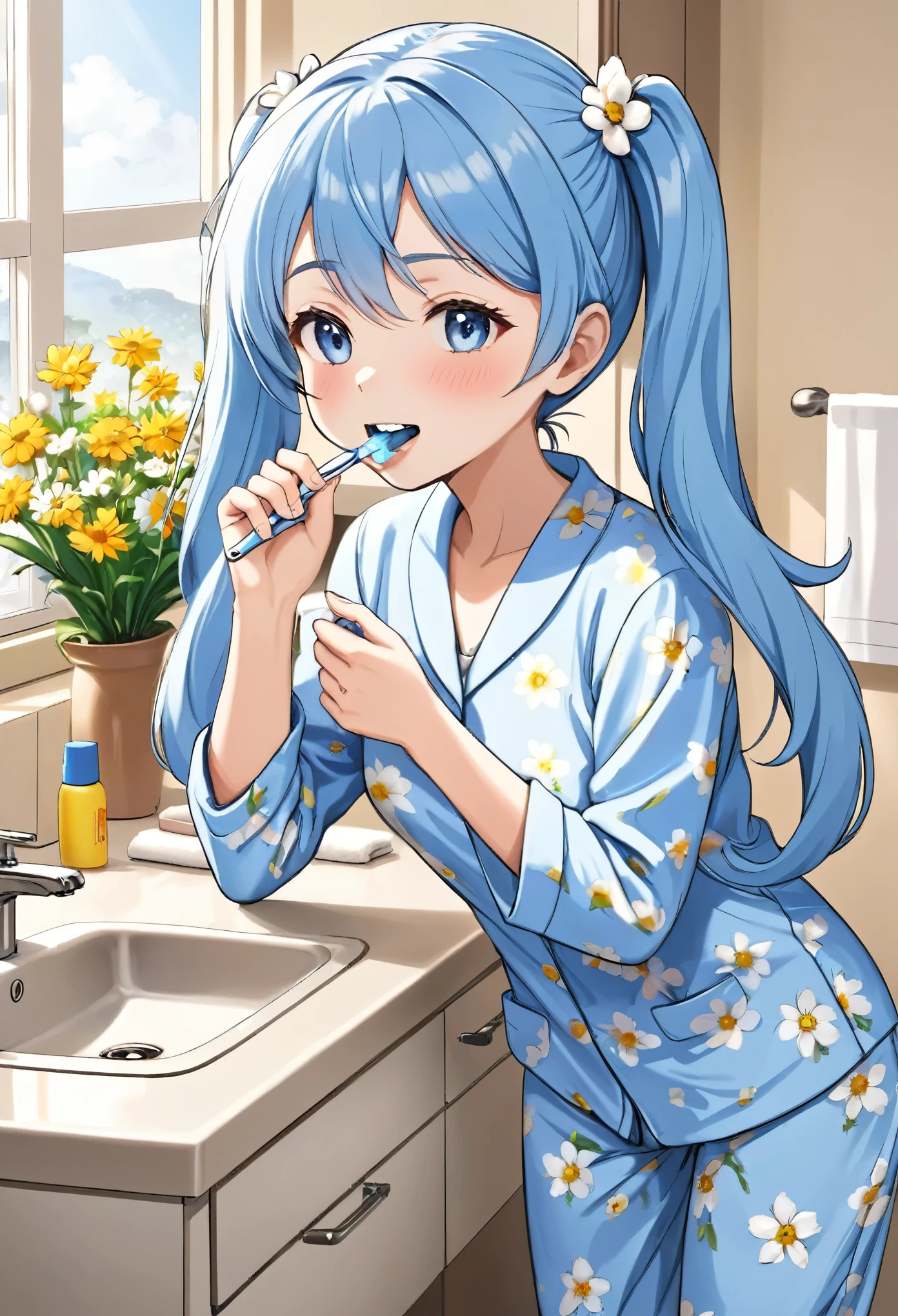 Brushing your teeth　Have a toothbrush　Light blue long hair　Beautiful girl with twin tails　Just woke up　A bright, sunny washstand　White floral pajamas、There are lots of flowers around　