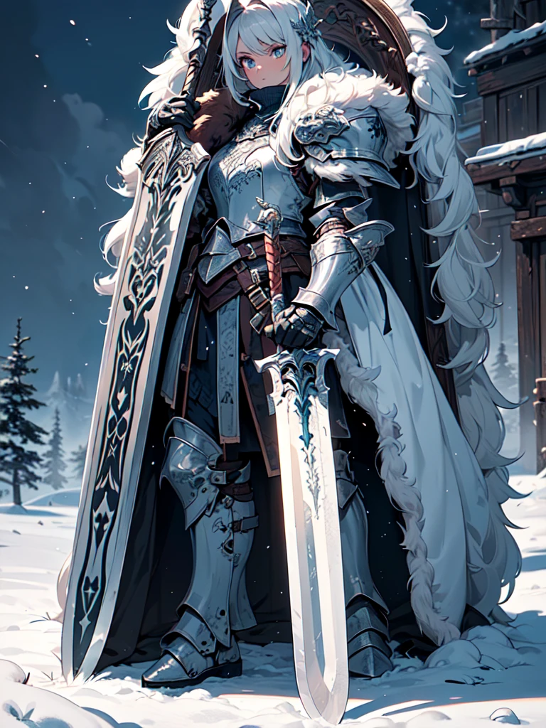 (((masterpiece, best quality, high detailed, 8k))) Design a layout showcase Gaming character, (1girl). Fur-lined armor, rugged and fierce. ((showcase weapon:1.4)), battle axe. (masterpiece:1.2), (best quality), 4k, ultra-detailed. (Step by step design, layout art:1.5), (northern lighting, cold glow). viking warrior, ((glove full hands)), (((battle-worn armor:1.3))), fur trim, sturdy boots, (((full_body_shot:1.4))). {In a snowy battlefield}.