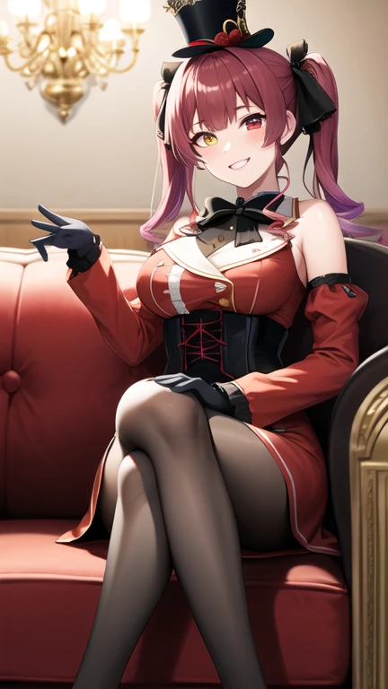 masterpiece, best quality, highres, ddmarine, twintails, drill hair, top hat, hat flower, heterochromia, black bowtie, underbust, bare shoulders, frills, black ribbon, red dress, detached sleeves, red sleeves, long sleeves, corset, black gloves, pantyhose, sitting, sofa, indoors, chandelier, crossed legs, smile,