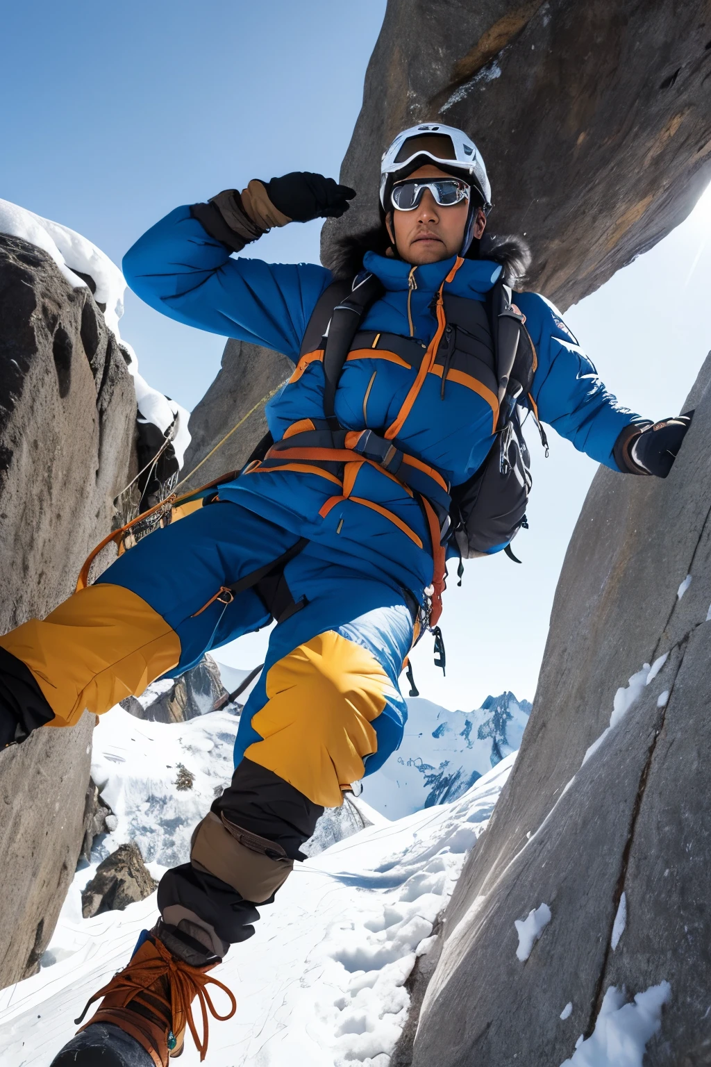 Himalayan climbing、 ◦ Equipment: cold weather clothing、gloves、hat、sunglasses、goggles。 ◦ Hiking boots、Crampons、Helmet、Supporter、“I am climbing the north face.”