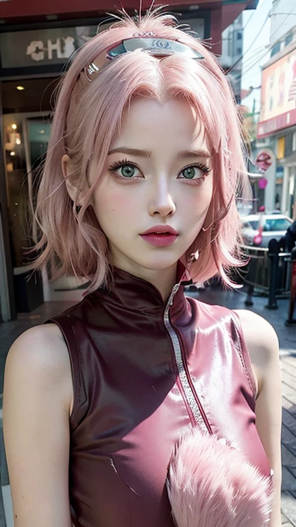 young woman, bubblegum pink hair tied in a bun, wide forehead, porcelain skin, pink eyebrows, emerald green eyes, upturned nose, thick pink lips, heart-shaped face, dark red clothes, Sakura Haruno, realism, well detailed, 3d