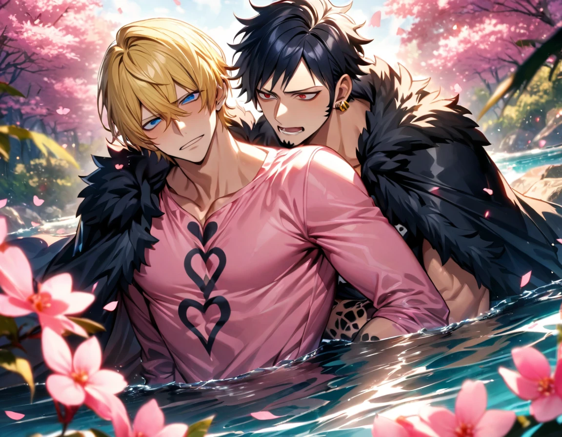 absurdres, highres, ultra detailed, HDR, master piece, best quality, Donquixote Rosinante Corazon, expressive red eyes, blonde hair, One Piece, Trafalgar Law, black hair, expressive blue eyes, two sexy men together, gay couple, yaoi, handsome, black fur cape, pink shirt with heart patterns, black coat, pink blossoms, pink flowers, water, pink butterflies