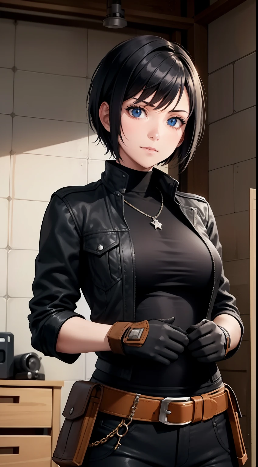 (high-quality, breathtaking),(expressive eyes, perfect face) Symmetrical Eyes, portrait, Star Wars Universe, 1girl, female, adult, mechanic, punk jacket, shirt, short sleeved, gloves, pants, belt, wrench, crystals, messy hair, black hair color, brown eye color, short hair length, stylized hairstyle, pixie haircut, tall, technician outfit, engineer, workshop background, work bench, tools, mature, narrow eyes, dog tag necklaces, soft smile
