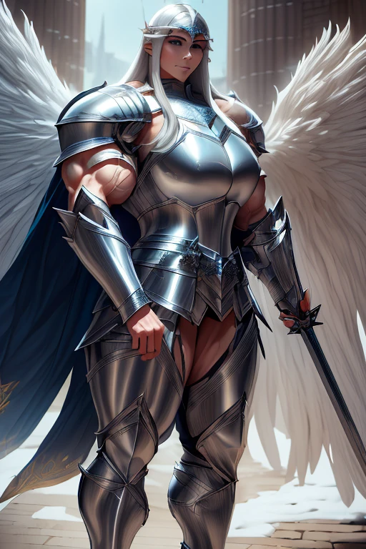 ((((Massive, tall, beautiful, buff, muscular light brown skinned female knight with white hair, black lipstick, huge angle wings, ginormous bulky muscles, holding a sword and shield and wearing an all white gleaming knight armor with hauberk and pants)))), {close view}, black eyeliner, massive muscles, massive biceps, hyper muscle triceps, (long straight hair), blue eyes, giant angel wings, knight boots, In a castle, (hauberk pants), steel knight armor, armor breastplate, nighttime, confident smile, hyper muscles arms, hyper muscle legs, ginormous arms