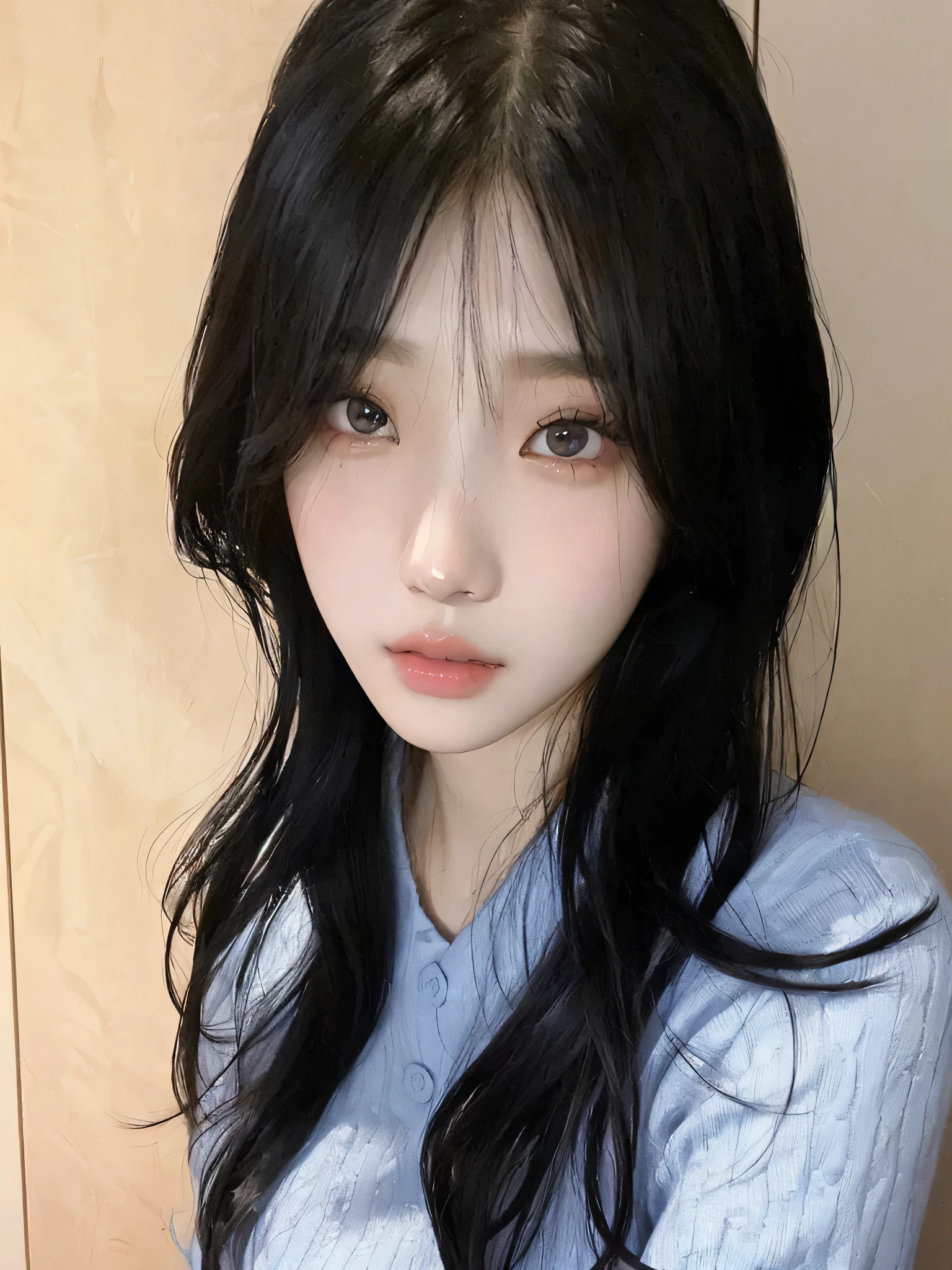 arafed asian woman with long black hair and a blue shirt, ulzzang, jaeyeon nam, jinyoung shin, heonhwa choe, lee ji - eun, lee ji-eun, kim doyoung, park ji-min, kotegawa yui, sui ishida with black hair, Yoshitomo Nara, Bambi eyes, cute lips, small nose, Korean female, Asian young, wonyoung, ive wonyoung