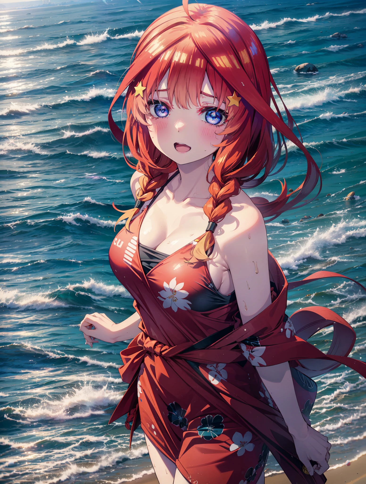 itsukinakano, Itsuki Nakano, bangs, blue eyes, Hair between the eyes, Ahoge, Redhead, star \(symbol\), hair ornaments, star hair ornaments,Big Breasts,Long braids,happy smile, smile, Open your mouth,belly button,Red Bikini Swimsuit,barefoot,A long, bright red stole is wrapped around her waist..,(Beach salon),  Big Breasts,((salon)), Beach outfit,Real Summer,Palm tree,whole bodyがイラストに入るように,
break outdoors, Beach,
break looking at viewer, whole body,
break (masterpiece:1.2), highest quality, High resolution, unity 8k wallpaper, (shape:0.8), (Beautiful and beautiful eyes:1.6), Highly detailed face, Perfect lighting, Extremely detailed CG, (Perfect hands, Perfect Anatomy),