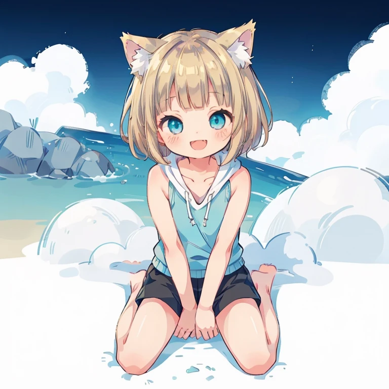 Chibi、Please straighten your bangs、smile、((masterpiece)), ((highest quality)), (anime:1.3), (RAW Photos:1.2),(High resolution:1.3), (Professional photography:1.4), ((12 years old)), 8k, Shiny skin, Cinema Lighting, One girl, Wide Shot, (Knitted fabric tank top), (Cute innocent teenage girl), Slender body, Small breasts, shiny medium hair, (Loose bangs), ((:3)), Open your mouth, Bare your fangs, look up, (いたずらなsmile), Beautiful clavicle, (slightly exposed shoulders), (Dog Ears), Hair blowing in the wind, break, ((highest quality)), (Sitting in Dubrovnik, Croatia), Summer day,Double Exposure、Blonde Hair、Short Mash Hair、Turquoise Eyes、White hoodie、Black hot pants、Black sneakers,Please straighten your bangs、She has cat ears of the same color as her hair.