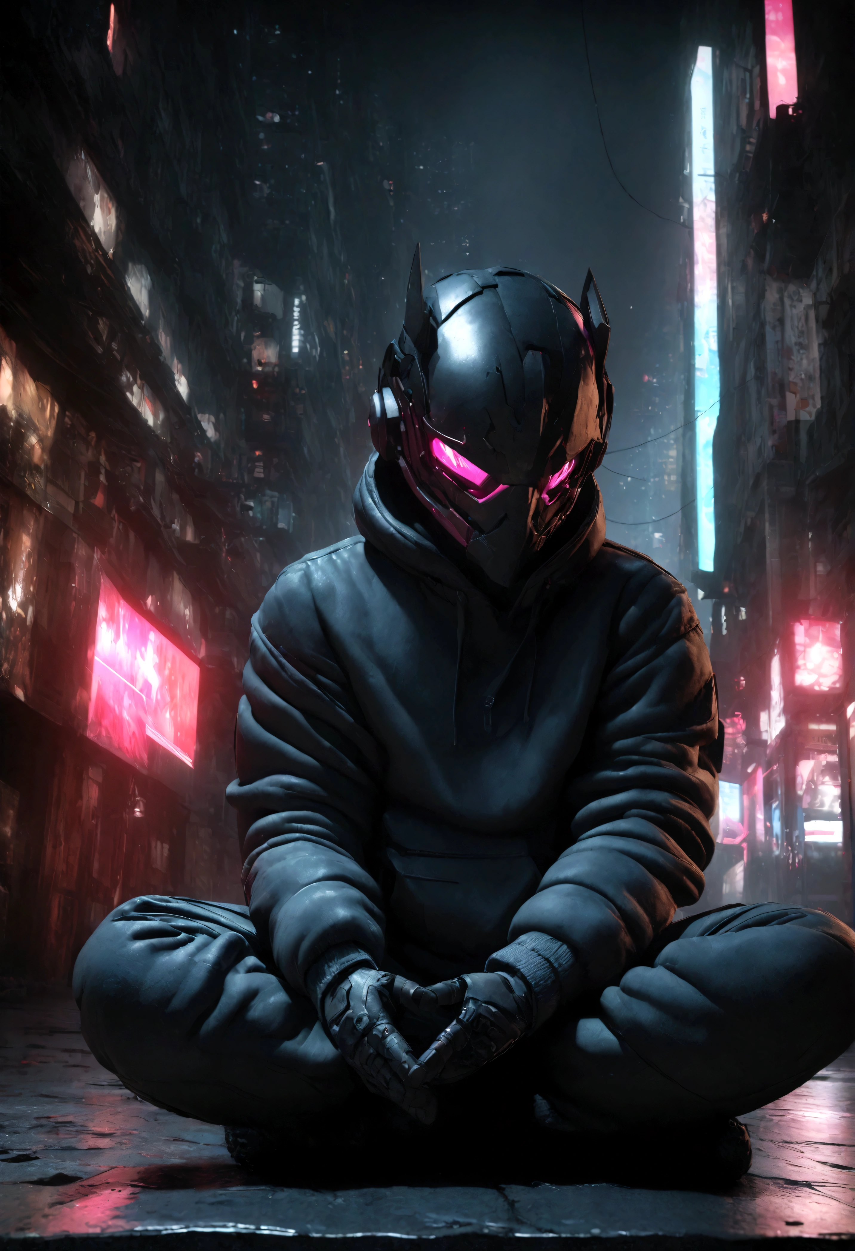 (masterpiece, full body shot, intricate raw photography) Cyberpunk citizen, comfortable oversize black hoodie, black cargo pants, black clothes, dark, wearing a black helmet hitech style Astronaut, intricate, futuristic, advanced technology, dark environment, dramatic, light and shadow, cinematic, action movie, sharpness, random relaxed position, Cyberpunk City, street lights, dark street, night, Insta photo, photo of the year, octane render, substance, Maya 3D, cinema4D, ArtStation Trending, Devian Art Trend,
