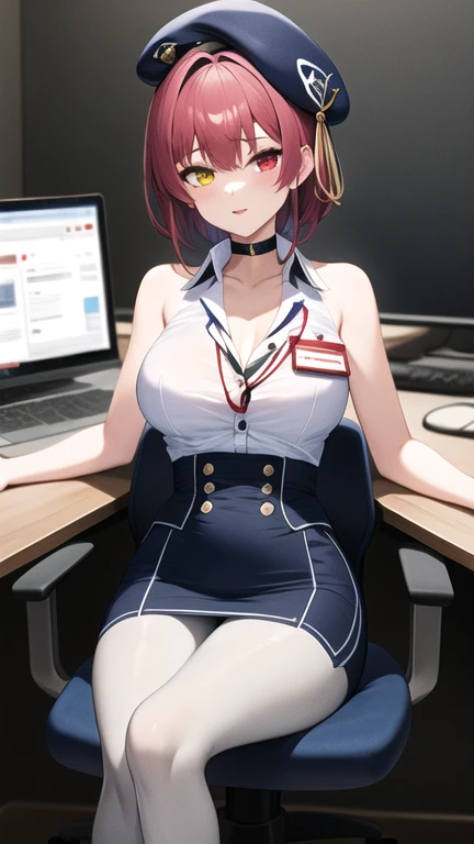 masterpiece, best quality, highres, hhmarine, short hair, beret, heterochromia, black choker, lanyard, cleavage, sleeveless shirt, collared shirt, white shirt, high-waist skirt, blue skirt, black pantyhose, office, sitting, desk, chair, keyboard \(computer\),
