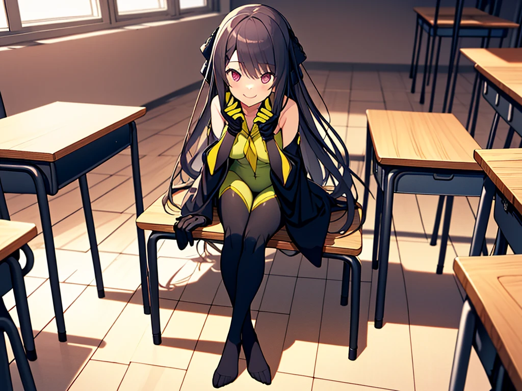 (full body),masterpiece, highest quality, High resolution, 体に張り付く全身Bodysuits,misakiao, One Girl, alone, Hair Ribbon, Bodysuits, gloves, Removable sleeves, Wide sleeves, One Girl, alone, Cowboy Shot,Sitting in a chair, classroom, Place your hands on the table,sit,smile, Place your elbows on the desk,