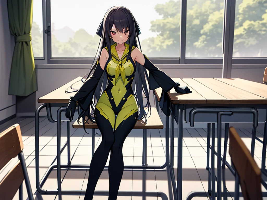 (full body),masterpiece, highest quality, High resolution, 体に張り付く全身Bodysuits,misakiao, One Girl, alone, Hair Ribbon, Bodysuits, gloves, Removable sleeves, Wide sleeves, One Girl, alone, Cowboy Shot,Sitting in a chair, classroom, Place your hands on the table,sit,smile, Place your elbows on the desk,