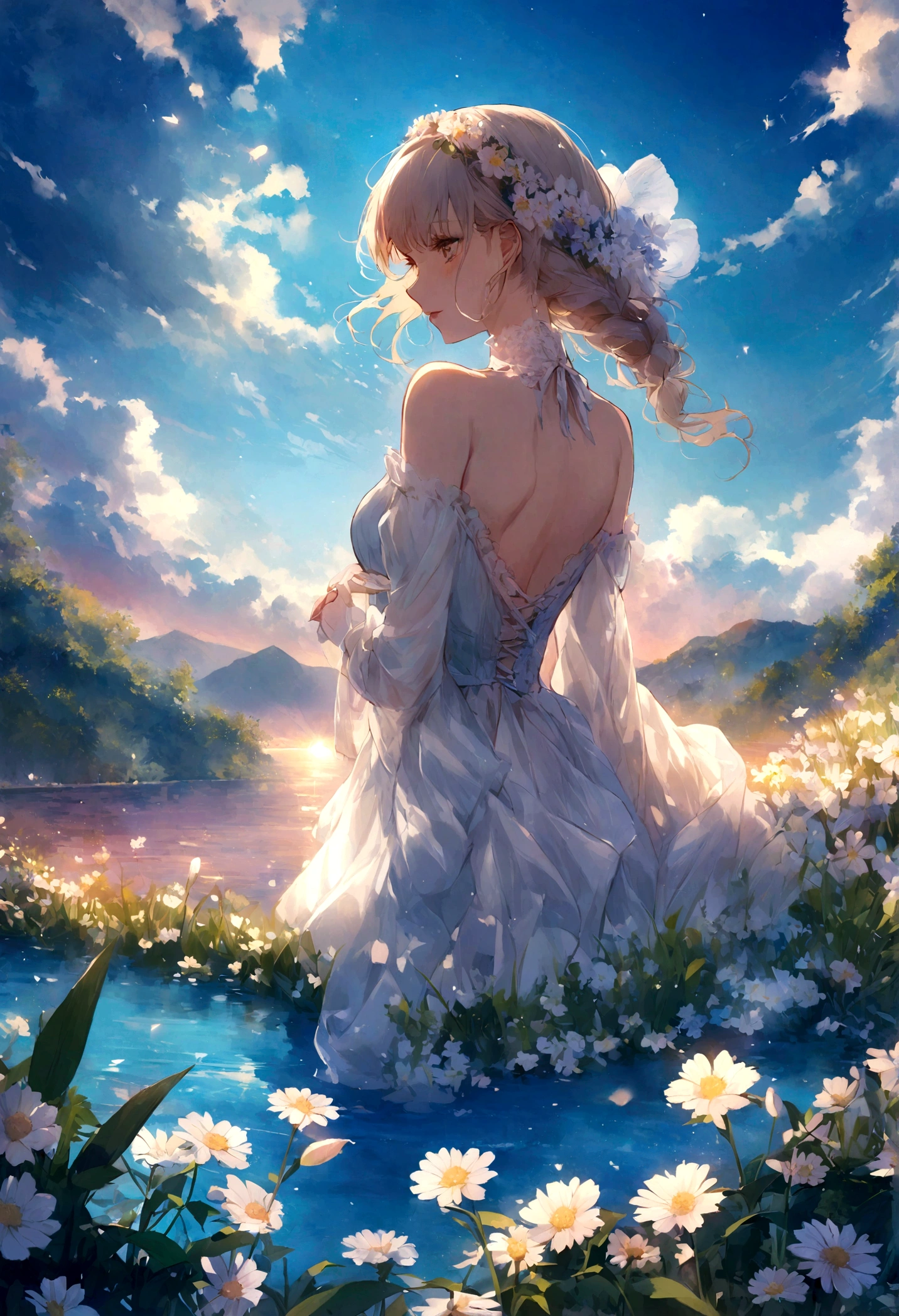 2girls,(masterpiece:1.2),best quality,multicolored,masterpiece,best quality,((an extremely delicate and beautiful)),floating,(detailed wet clothes),(detailed light),feather,nature,(sunlight),river,floating palace,beautiful and delicate water,(bloom),(shine),colourful,panorama,landscape,Colorful portraits,